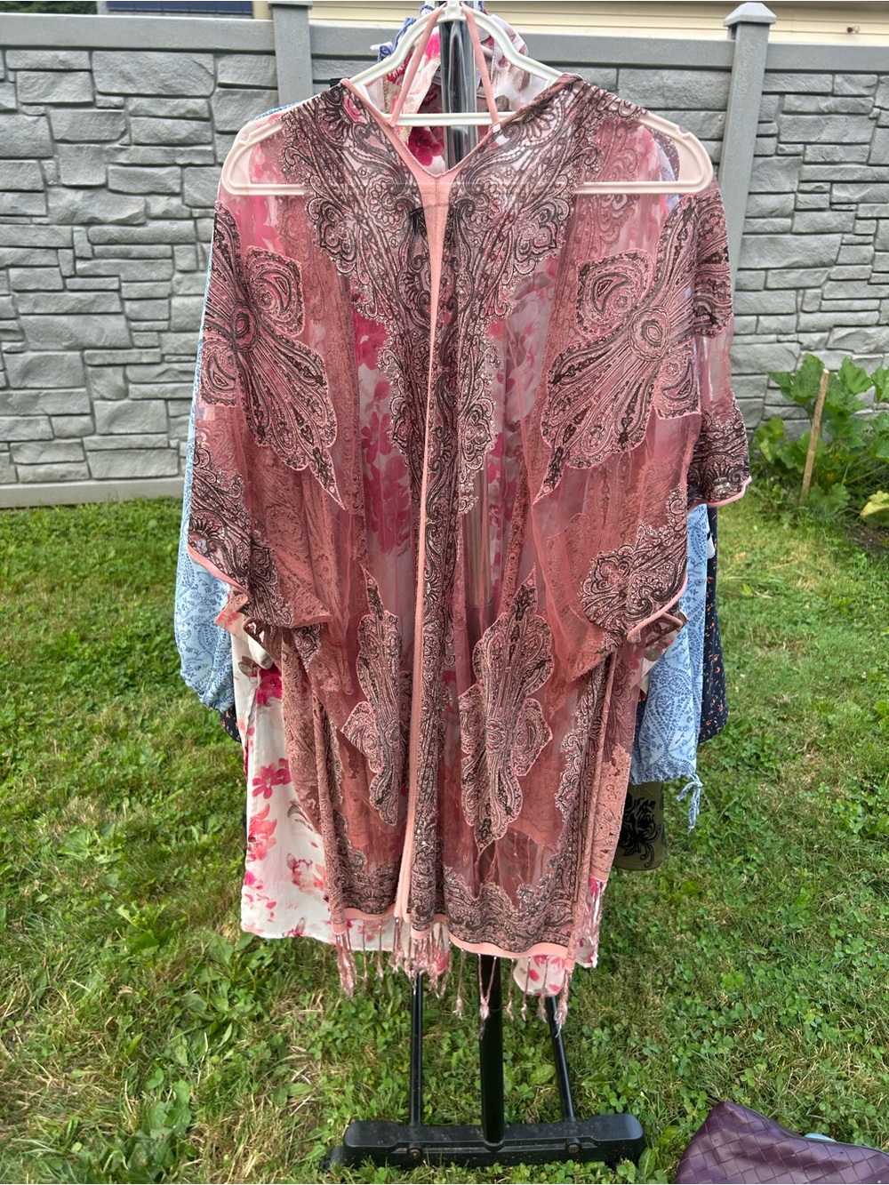 David and Young Sheer Pink Paisley Fringe Kimono